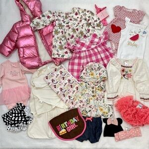 Baby Girl 17 pc bundle of cuteness! Tahari puffer coat Dresses swaddle, NB to 2T
